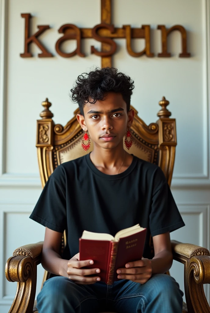 A 17-year-old hindi boy in a black t-shirt is sitting on a king's chair, with a pair of red earrings on his head, and "KASUN" is rendered in 3D on a cross on the white wall behind him. This child has 2 red eyes and a Bible in his hand. The child should be visible from a 4D angle