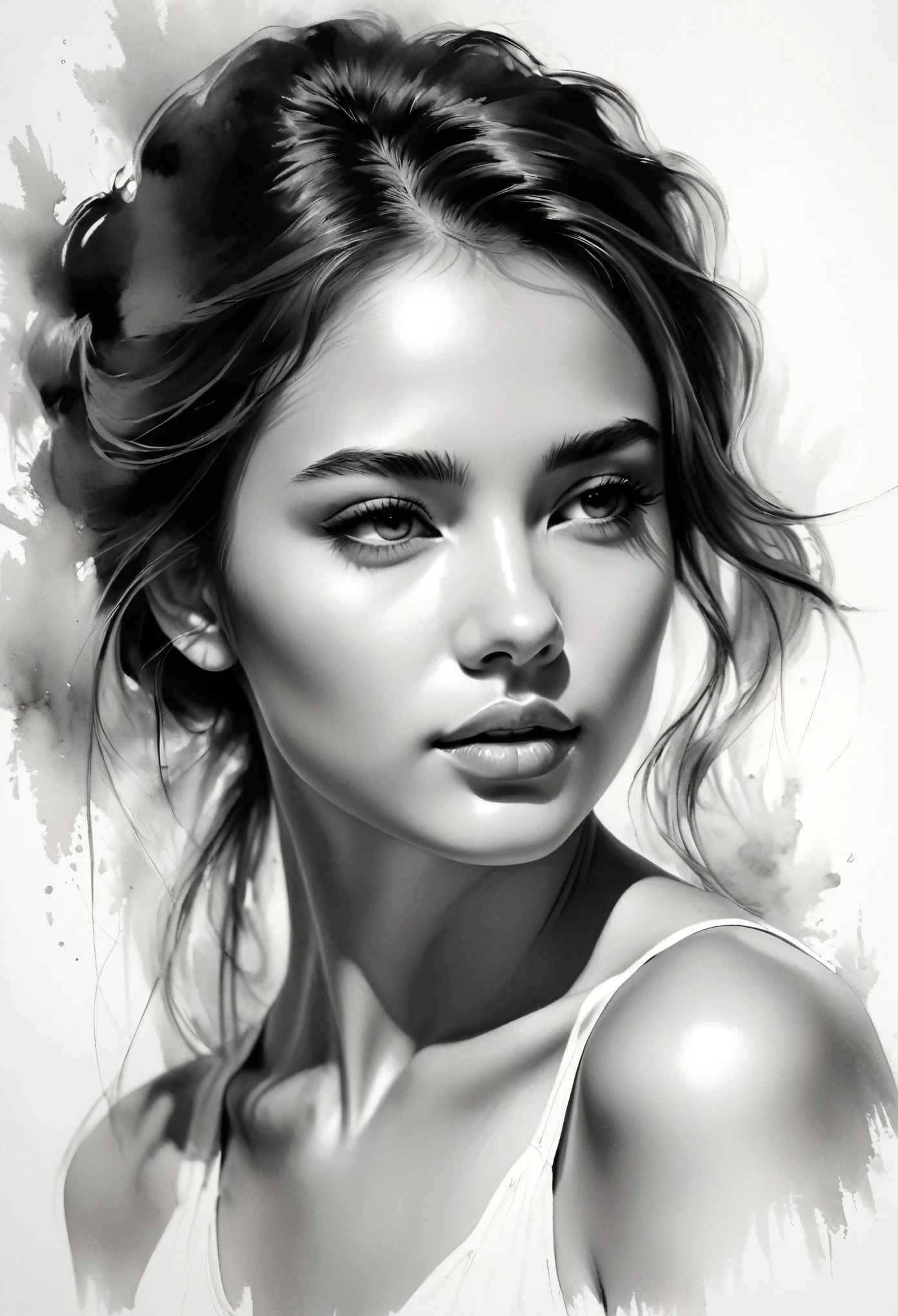 A beautiful girl, detailed portrait, soft brushstrokes, delicate lines drawn with a pen, fluid motion, subtle ink tones, elegant posture, tranquil gaze, delicate features, black and white, clean
