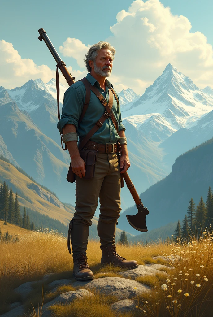The 33 yrs old president looking toward the beautiful mountain, valley and plain while holding up his old axe and slung his Napoleonic musket