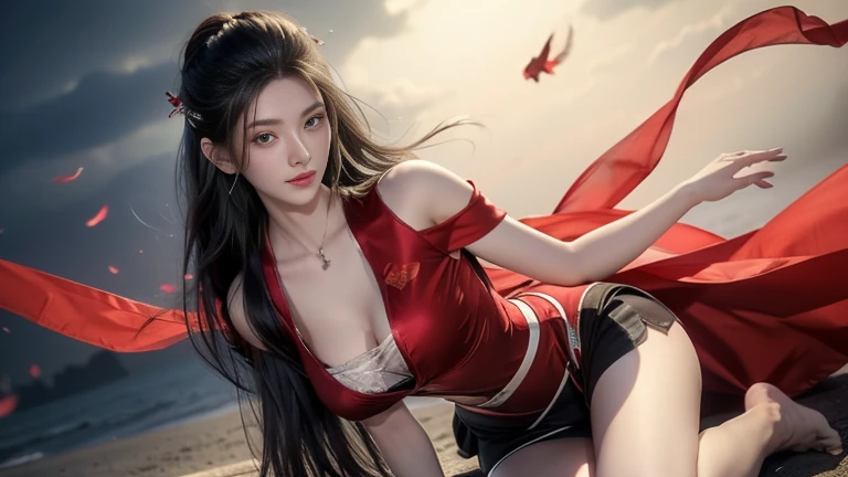 ((whole body)), 1 girl, Long hair, Red costume, Black Hair, long legs, Slender eyes, Fascinating eyes, Three long thin red hairpins, ((People floating in the air)), Elongated eyebrows, Tall and skinny, Clothes fluttering, (Very intricate details1.2), Big round breasts, (Sexy pose), Red silk, Leakage out of the breast, Off-shoulder, raised eyebrows, Barefoot, bare legs, Delicate face, Fluffy hair, Transparent Clothes, gradient eyes, color contact lenses, Smile, Narrow crotch, Surrealism, ray tracing, reflection light, high detail, Romanticism, retina, masterpiece, anatomically correct, high details, highres, 8k, super detail