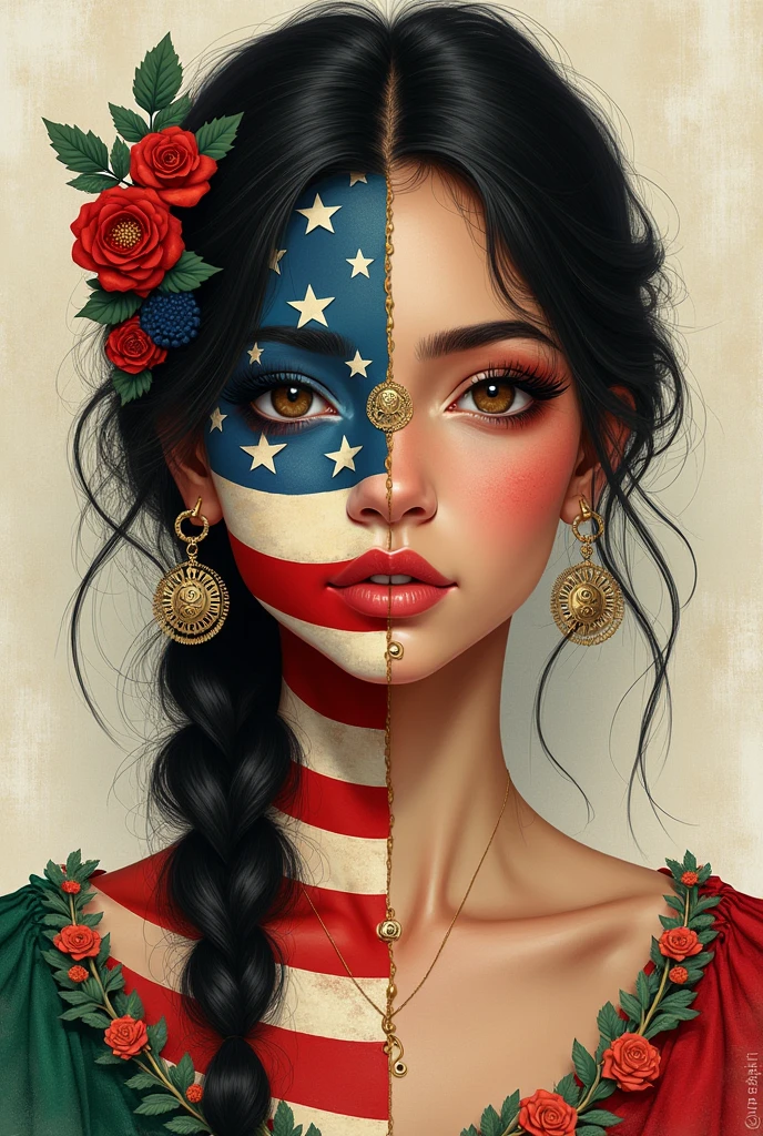 A cute girl aesthetically divided into two parts, On the right side he has the American culture depicted on his body, and on the other side totally Mexican culture , ( one girl cultural diversity)