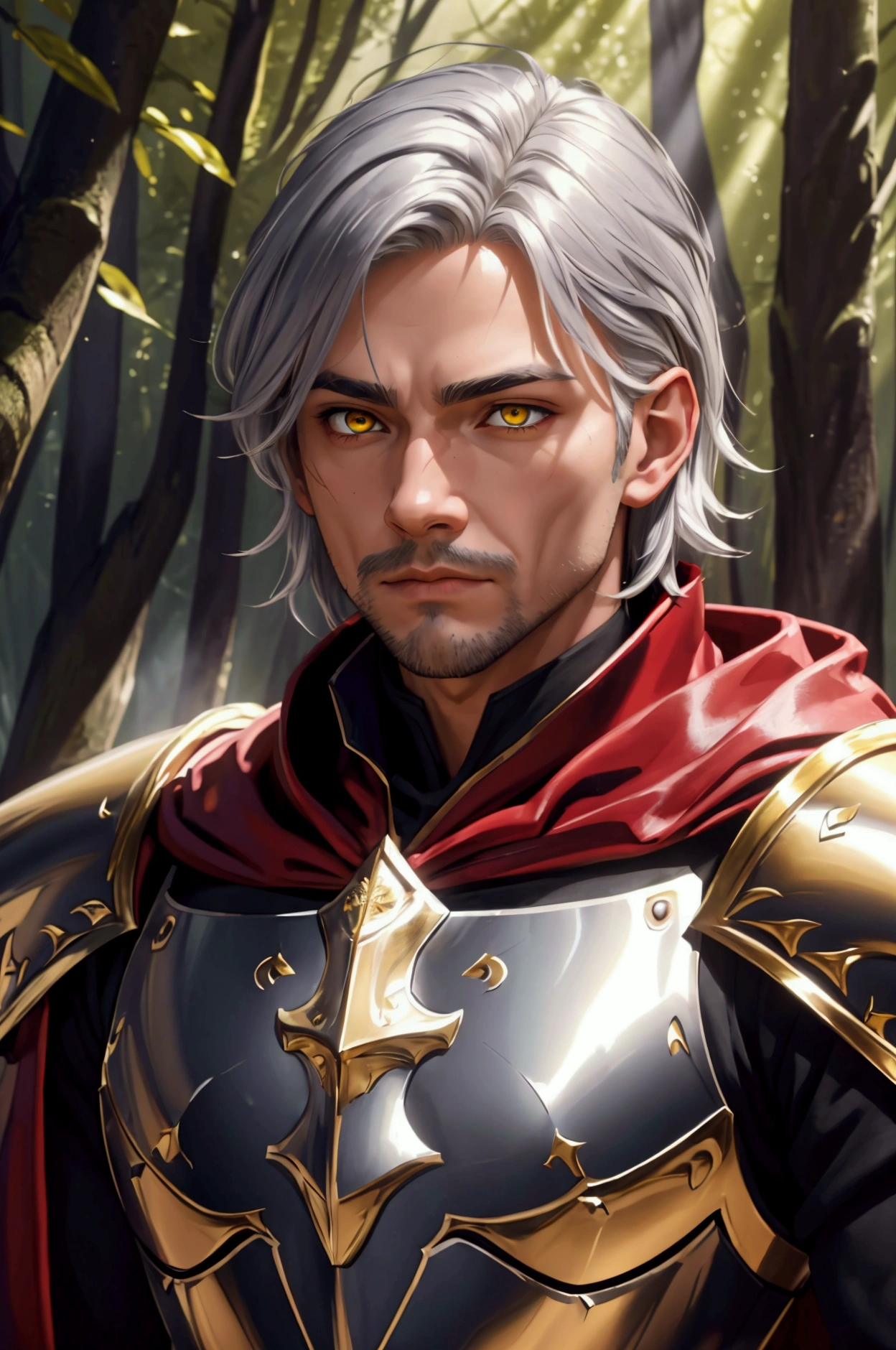(masterpiece, best quality), (1man, masculine adult male:1.2), medieval fantasy, beautiful, depressed, silver hair, yellow eyes, detailed eyes, (paladin armor, red cloak), alone in a dark forest, medieval fantasy, close up, ((best quality)), portrait, solo, (full body:0.6), (detailed), perfect face, Style-GravityMagic