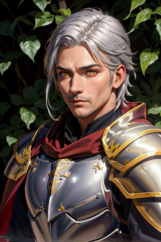 (masterpiece, best quality), (1man, masculine adult male:1.2), medieval fantasy, beautiful, depressed, silver hair, yellow eyes, detailed eyes, (paladin armor, red cloak), alone in a dark forest, medieval fantasy, close up, ((best quality)), portrait, solo, (full body:0.6), (detailed), perfect face, Style-GravityMagic