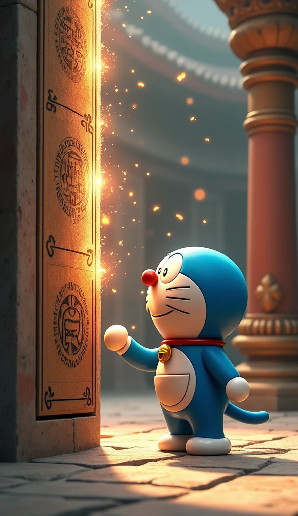 Doraemon stands in front of a wall in the temple., hand touching ancient symbols.
There are arrows flying out 3d animated images