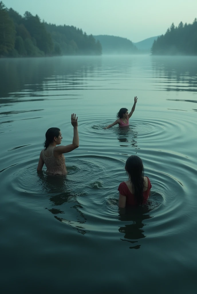 Deep Lake, Three people drown at the same time, Cry, elderly mother wife and little daughter in clothes, at a distance from each other, calling for help, everyone raise your hands, heads are visible