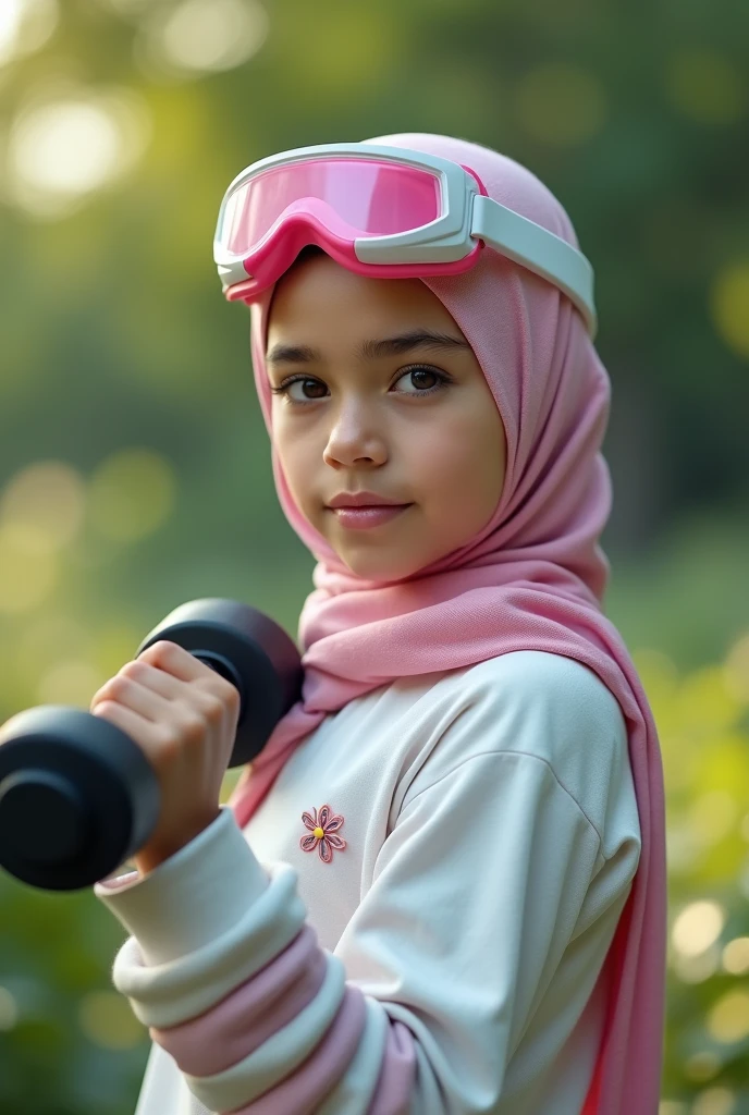 a realistic  masterpiece. Human . 1girl wearing a hijab, detailed beautiful face, Hijab Muslim. Wear long sleeve moder design white pink stripe white, minimalist flower on shirt. . Wear pink white.small Safety Pink google spectacle top of the head rubber band. . Jump on and have a super strong power. One hand lifting the 50kg dumbbell. Bokeh background. At the garden. , detailed lips, long eyelashes. Hero, modest expression, delicate facial features, natural skin tones, hijab covering head and neck, detailed folds and textures of hijab, natural lighting, high quality, photorealistic, 8k, best quality. 