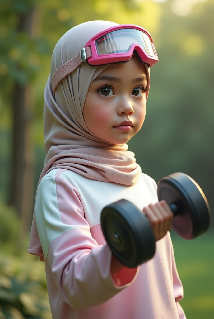 a realistic masterpiece. Human . 1girl wearing a hijab, detailed beautiful face, Hijab Muslim. Wear long sleeve moder design white pink stripe white, minimalist flower on shirt. . Wear pink white.small Safety Pink google spectacle top of the head rubber band. Age 15 year old. Jump on and have a super strong power. One hand lifting the 50kg dumbbell. Bokeh background. At the garden. , detailed lips, long eyelashes. Hero, modest expression, delicate facial features, natural skin tones, hijab covering head and neck, detailed folds and textures of hijab, natural lighting, high quality, photorealistic, 8k, best quality.