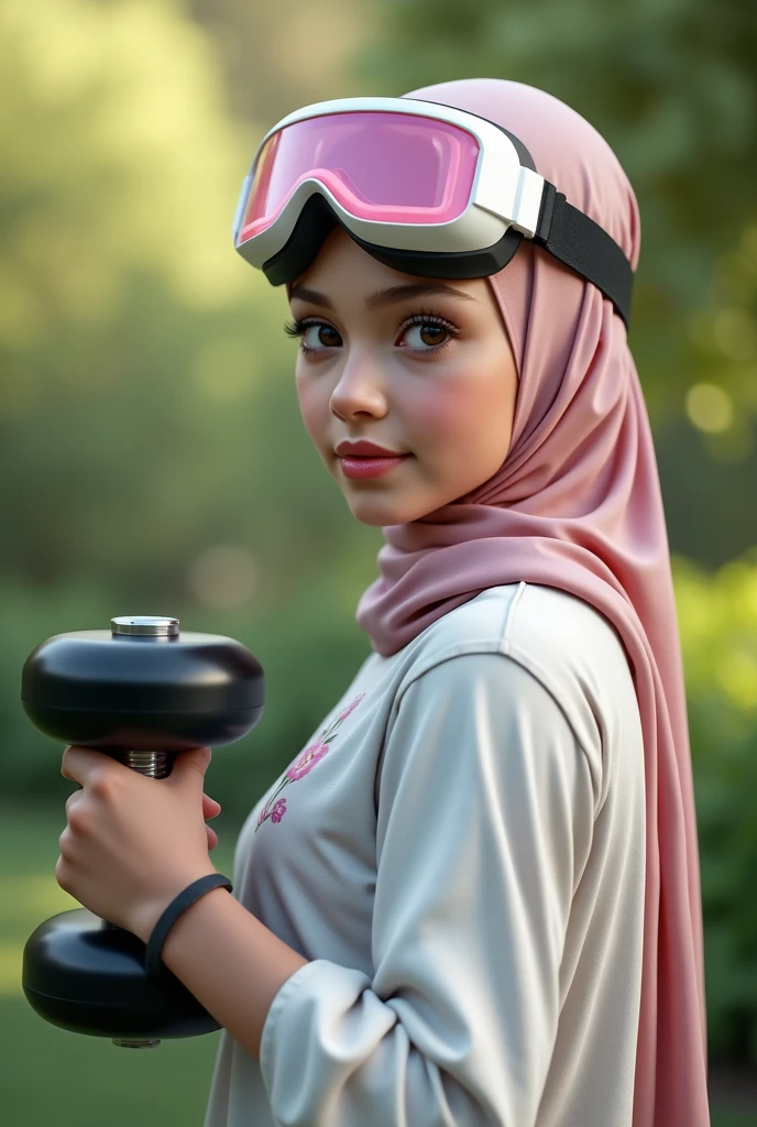 a realistic masterpiece. Human . 1girl wearing a hijab, detailed beautiful face, Hijab Muslim. Wear long sleeve moder design white pink stripe white, minimalist flower on shirt. . Wear pink white.small Safety Pink google spectacle top of the head rubber band. . Jump on and have a super strong power. One hand lifting the 50kg dumbbell. Bokeh background. At the garden. , detailed lips, long eyelashes. Hero, modest expression, delicate facial features, natural skin tones, hijab covering head and neck, detailed folds and textures of hijab, natural lighting, high quality, photorealistic, 8k, best quality.