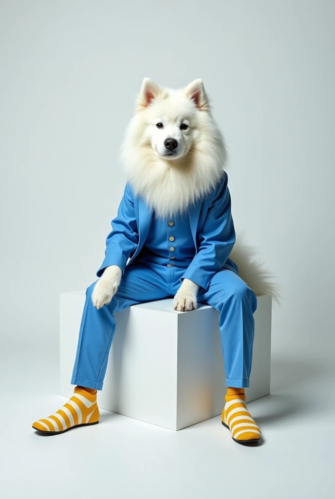 ashion photography of a Samoyed dog wearing blue clothes and yellow and white striped shoes, full-body view, relaxed sitting posture, seated on a white cube.