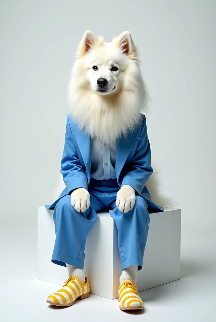 ashion photography of a Samoyed dog wearing blue clothes and yellow and white striped shoes, full-body view, relaxed sitting posture, seated on a white cube.
