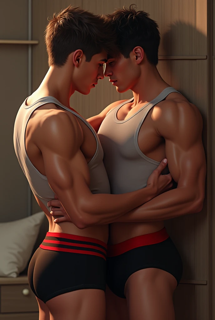 A 2 boy  in tank top under vest and 
wide  red colour stripline on tank top under vest and were black trunk underwear and  wide  red colour stripline on underwear  with one boy friend in same clothes in home during the sex time and were trunk  black onlyunderwear