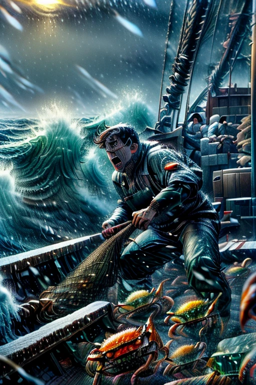 Man fishing for a shark. The scene is depicted in anime realism, showcasing a detailed, perfect illustration of fishing action. The setting features a chaotic, violent landscape with churning waters, Man skillfully handling the crab cages, and a sense of anticipation in the air as he fishes for crabs. The illustration is vibrant and captures the essence of anime realism, with careful attention to detail in the fisherman's attire, expression, and the surrounding environment, photo-realistic:1.37, (best quality,4k,8k,highres,masterpiece:1.2),ultra-detailed,HDR,vivid colors,studio lighting,extreme detail description