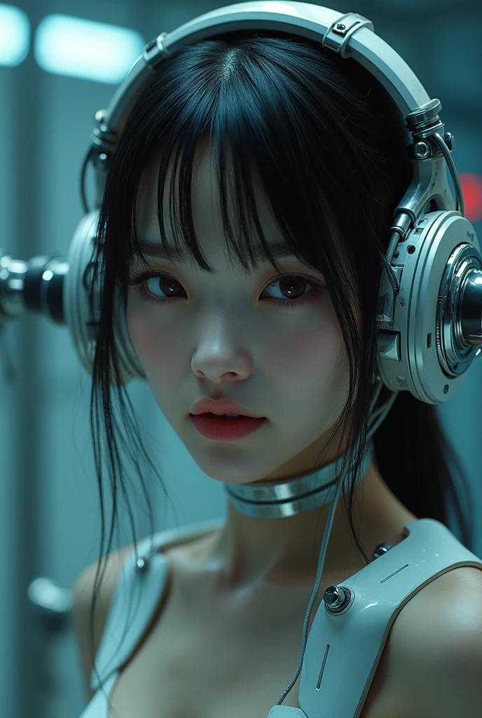 NFSW, photo-realistic, ultra-realistic, very beautiful Japanese, famous Japanese idol, 20 years old, futuristic cyborg, dramatic scene, masterpiece, beautiful eyes, Her body is fully restrained by metal bands, (She is trying to escape but impossible to move:1.5), She is being milked by the cyber punk milking machine, suction nozzles are attached on her breasts, extremely powerful milking pump are connected to the hose