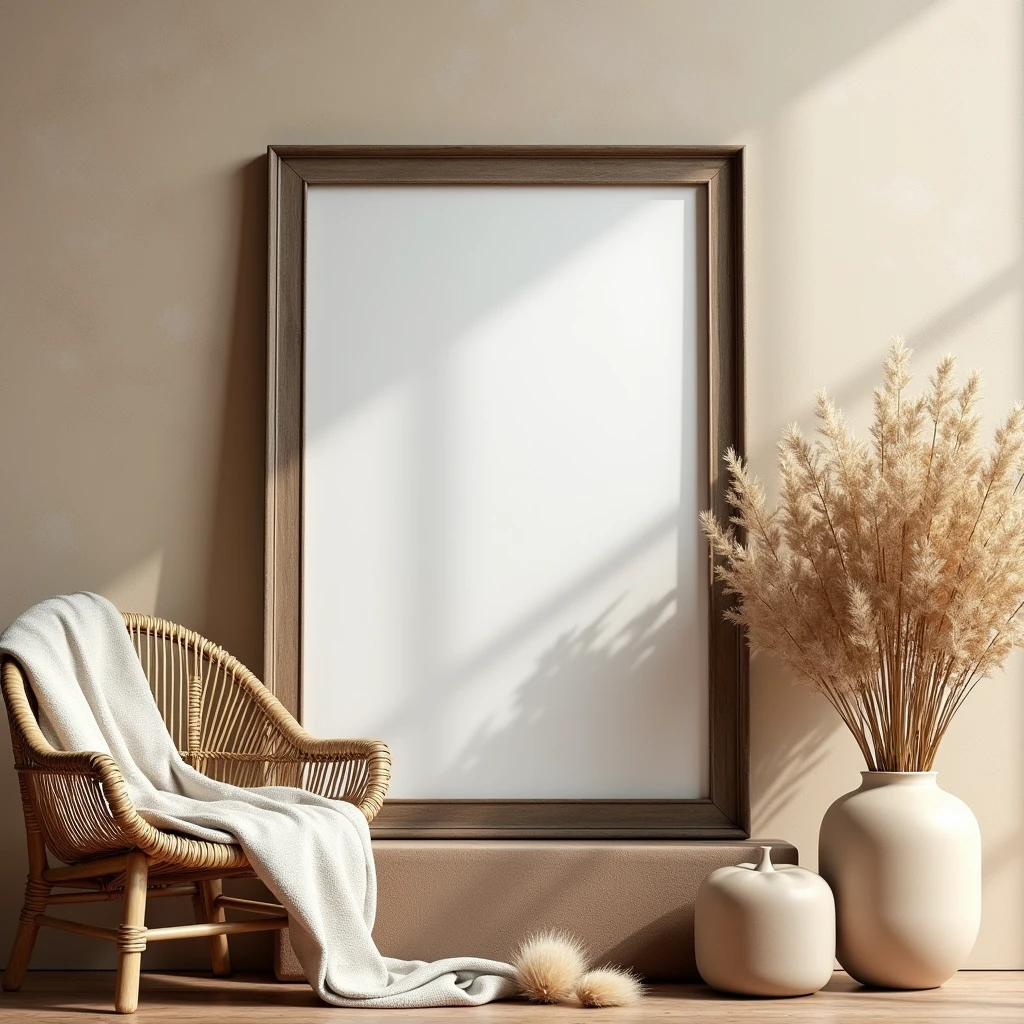 A boho-inspired mockup with a dark wood DIN A ratio frame on a textured beige wall. Nearby are a wicker chair, a soft blanket, and dried flowers, creating a relaxed and natural atmosphere
