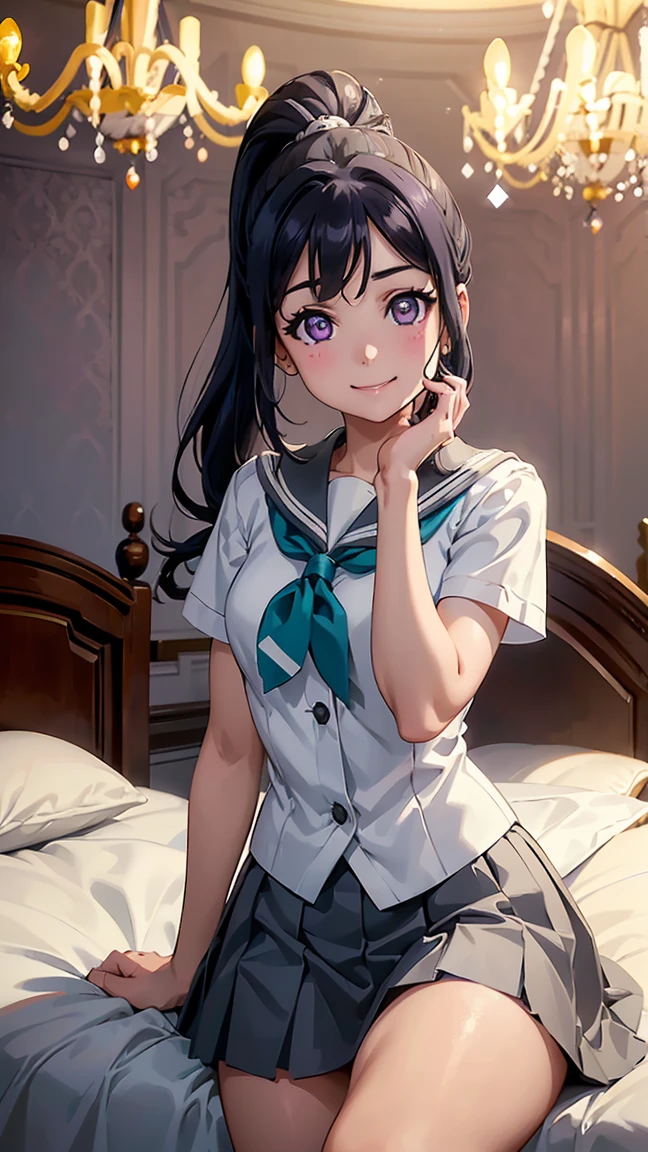 kanan matsuura, blue hair, long hair, ponytail, (purple eyes:1.1), sidelocks,aqua neckerchief, grey sailor collar, grey skirt, miniskirt, neckerchief, pleated skirt, sailor collar, sailor shirt, school uniform, serafuku, shirt, skirt, summer uniform, uranohoshi school uniform, white shirt,- --(8K, Raw, Highest Quality, Real 1.2), Ultra High Quality, High Resolution, Highest Quality, Perfect Face, Perfect Limbs, Perfect Fingers, High Resolution, (Beautiful Anime Face, Cute Face, Detailed Face), Smile of Joy, Smiling Expression, Lying on Bed, Cowboy Shot, Miniature Human Hand, (((medium Bust 1.3))), (((Slender Thighs 1.3))), Pure White Chalk Interior, Pure White Marble Interior, ((Pure White Bedroom Like a Western Castle: 1.5)), (((Luxurious Pure White Canopy Bed: 1.4)), (((Chandelier: 1.4))), ((Pure White Bed 1.5)), ((Beautifully Decorated Bedroom 1.5)), ((Modern Style Bedroom 1.5)), perfect anatomy, perfect proportions, nice lighting, bright colors, clean lines, information, blurred, stunning facial expression, restless emotions, gorgeous and pretty, beautiful face and eyes in every detail, (masterpiece) beautiful face, young and handsome girl, really perfect skin, blurred, stunning facial expression, restless emotions, gorgeous and pretty, beautiful face and eyes in every detail, (Audrey Hepburn), (cute), (J-POP idol), (thighs, (depth of field), (depth of field), soft light, glittering lens gaze, (droopy eyes), straight teeth, shy smile, flowing hair, a scene from Blake's movie,