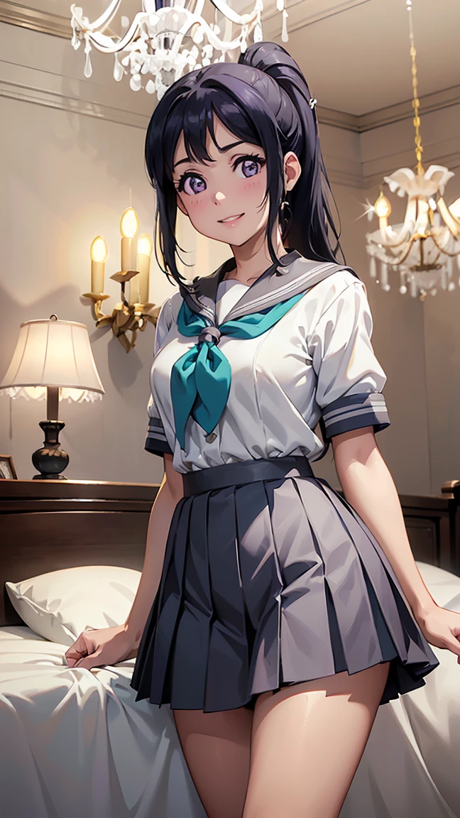 kanan matsuura, blue hair, long hair, ponytail, (purple eyes:1.1), sidelocks,aqua neckerchief, grey sailor collar, grey skirt, miniskirt, neckerchief, pleated skirt, sailor collar, sailor shirt, school uniform, serafuku, shirt, skirt, summer uniform, uranohoshi school uniform, white shirt,- --(8K, Raw, Highest Quality, Real 1.2), Ultra High Quality, High Resolution, Highest Quality, Perfect Face, Perfect Limbs, Perfect Fingers, High Resolution, (Beautiful Anime Face, Cute Face, Detailed Face), Smile of Joy, Smiling Expression, Lying on Bed, Cowboy Shot, Miniature Human Hand, (((medium Bust 1.3))), (((Slender Thighs 1.3))), Pure White Chalk Interior, Pure White Marble Interior, ((Pure White Bedroom Like a Western Castle: 1.5)), (((Luxurious Pure White Canopy Bed: 1.4)), (((Chandelier: 1.4))), ((Pure White Bed 1.5)), ((Beautifully Decorated Bedroom 1.5)), ((Modern Style Bedroom 1.5)), perfect anatomy, perfect proportions, nice lighting, bright colors, clean lines, information, blurred, stunning facial expression, restless emotions, gorgeous and pretty, beautiful face and eyes in every detail, (masterpiece) beautiful face, young and handsome girl, really perfect skin, blurred, stunning facial expression, restless emotions, gorgeous and pretty, beautiful face and eyes in every detail, (Audrey Hepburn), (cute), (J-POP idol), (thighs, (depth of field), (depth of field), soft light, glittering lens gaze, (droopy eyes), straight teeth, shy smile, flowing hair, a scene from Blake's movie,