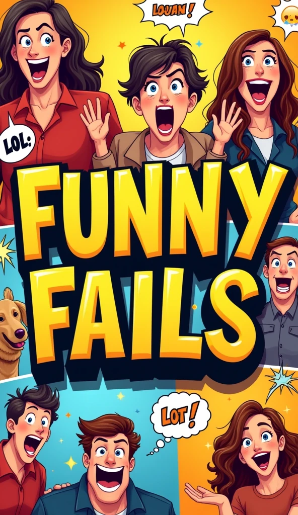Bold Text: The title or key phrases like "Funny Fails" or "Lots of Laughs" would be prominently displayed in bright, playful colors like yellow, orange, or red, using a bold, bubbly font that suggests light-hearted content.

Background: The background might feature a montage of people in funny or awkward situations, like someone slipping, a pet doing something silly, or a humorous reaction face. The images would be dynamic and filled with energy to convey the humor.

Person/Characters: The thumbnail could include exaggerated expressions of people laughing or reacting to something funny, with big smiles or shocked faces. It might also feature animated or cartoon-like elements to add to the fun vibe.  Color Scheme: Bright and cheerful colors such as yellow, blue, and red would dominate the thumbnail, creating a lively and inviting look that screams "fun."

Graphics/Icons: There might be playful icons like a laughing emoji, a comic-style "LOL," or stars and bursts to emphasize the light-hearted, laugh-inducing nature of the content.