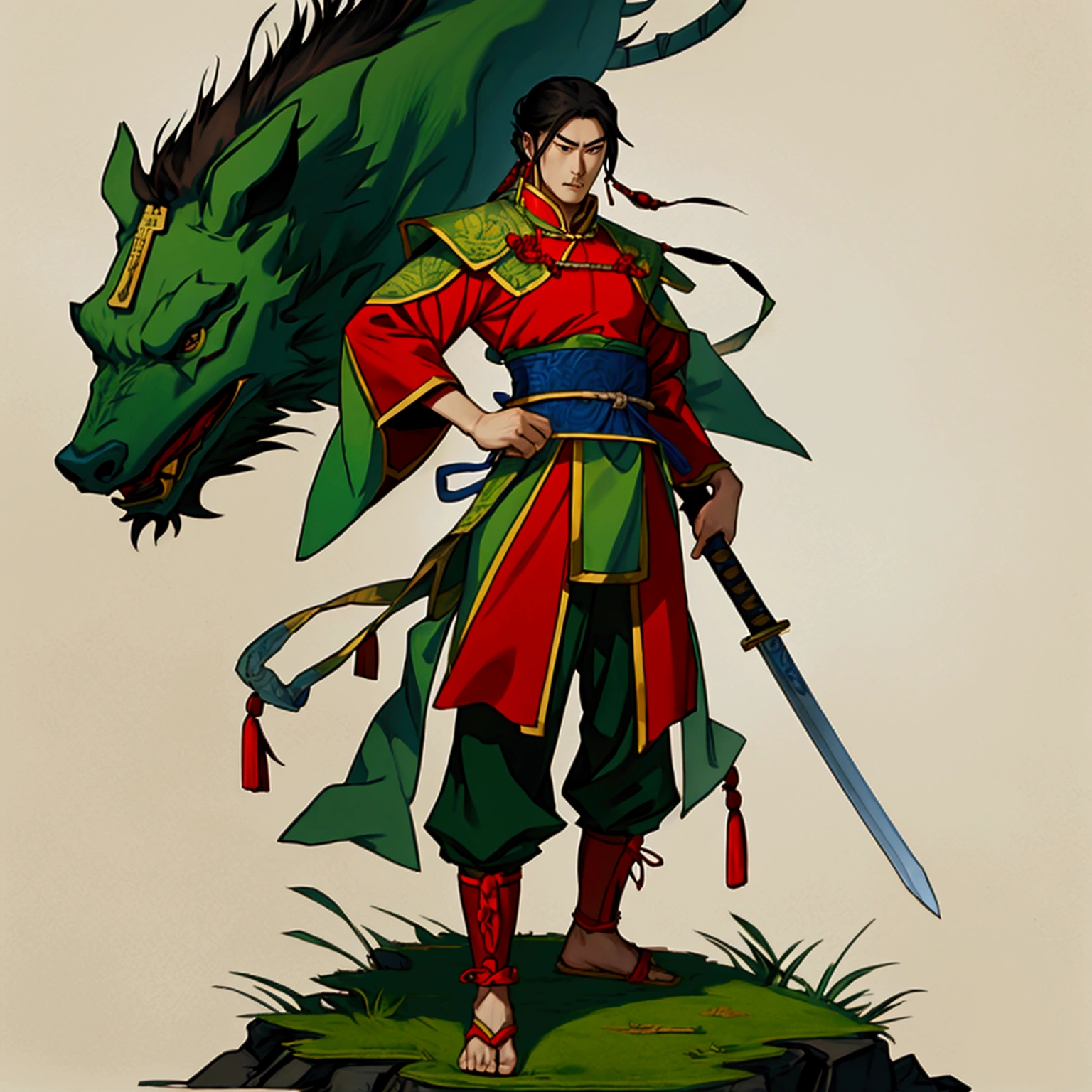 Cao Cao,man,Wearing Chinese warrior costume,holding a sword,stand,Put on the green Chinese warrior shoes