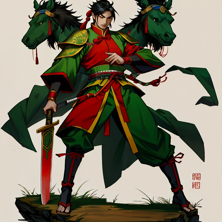 Cao Cao,man,Wearing Chinese warrior costume,holding a sword,stand,Put on the green Chinese warrior shoes