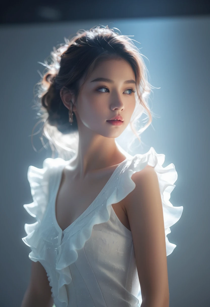 ((gem_light elements)), (translucent luminous body_Wearing a white ruffled shirt:1.3), (girl made of light: 1.2, long wavy hairstyle，Exquisite facial features and lightness:1.3), (Minimalism: 0.5), (Close-up from waist up: 1.3), 4K, high dynamic range, Acid Graphics, Fantasy work, [Delicate and vivid facial expressions: 0.33], (White translucent glowing body and hair: 1.3), Beauty with contours and halo, Understated elegance.. Peaceful and solemn atmosphere，Brings a subtle sense of luxury... Gray smooth texture, fashion pose, fluorescent, glow tattoo, 生物glow tattoo, glow pattern.