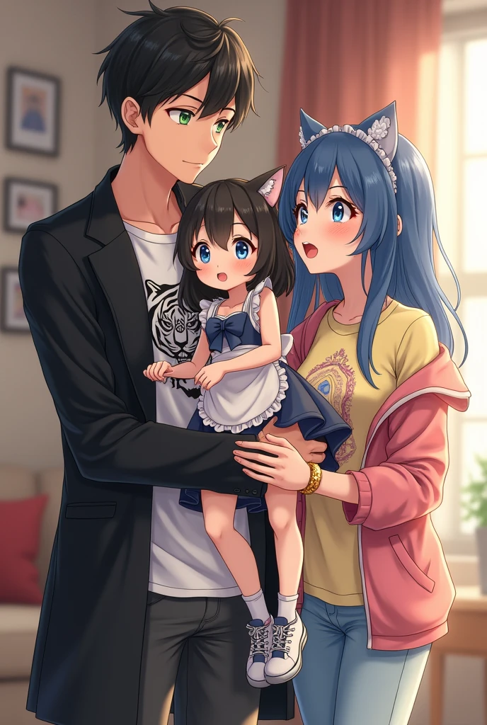 A 2 anime fantasy handsome guy with bright green eyes , a black fit coat with and a white t-shirt with a picture of black tiger in the middle of that . black neat hair and a soft kindly smile on his face , a strong body as a sign of exerciser being , lifted up and spine around an innocent 4-year-old fantasy anime girl with big and blue eyes that twinkle in the room light, playfully and softly chuckles with blushed cheeks, while she is suspended in his arms , Her arms are slightly opened as a sign of joy , her white and black and blue baby maid outfit with unreal cat ears and two blue bow ties on her head, fairly long straight black hair, in the middle of the living room , and in a moment ,  An 25-year-old fantasy anime gangster strong girl with shiny blue eyes, an enjoyable look and a soft smile on her face while chuckle , a kind and affectional look, blushed cheeks, a light yellow t-shirt with a fantasy princess in flower view in the middle, and a pink jacket with white lines on it. White and black sports shoes and golden bracelet with golden flower design, a sky blue jean , long straight blue hair , in the middle of the living room , stands near and looking to that guy and girl . enjoying moment as a family