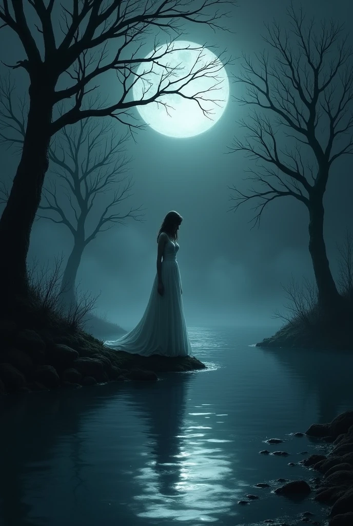 A misty night scene by a dark, flowing river under the moonlight. The bride, now in despair, stands at the edge of the river, her gown trailing in the water. Her face is obscured by shadows, but her body language conveys deep sorrow and hopelessness. The river reflects the pale moon, adding an eerie glow to the scene. Trees on either side lean in, framing the scene with their dark, twisted branches.