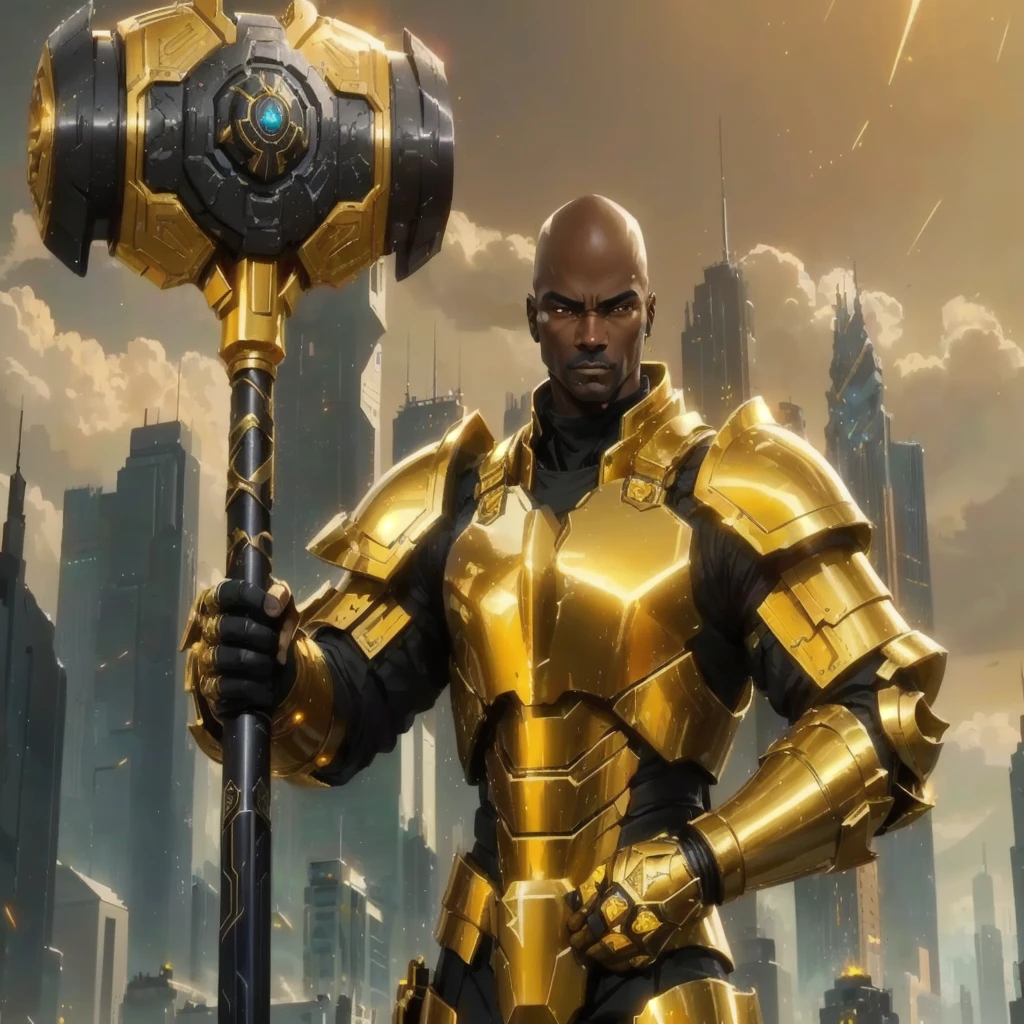 Black, African-American, A tall, buff dark-skinned general, he is wearing heavy futuristic gold and black armor, futuristic city background, middle-aged, bald, wielding a massive war hammer, by artist "anime", Anime Key Visual, Pixiv, Zerochan, Anime art, Fantia Masterpiece, Best Quality, flat, Anime, cinematic lighting, by Studio Trigger, golden armor holding a hammer in a city, heavy gold obsidian armor, gold obsidian armor, trending on artstation