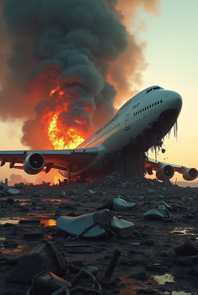 747 crashed that the whole tail and front got detached and destroyed with big smoke and fire
