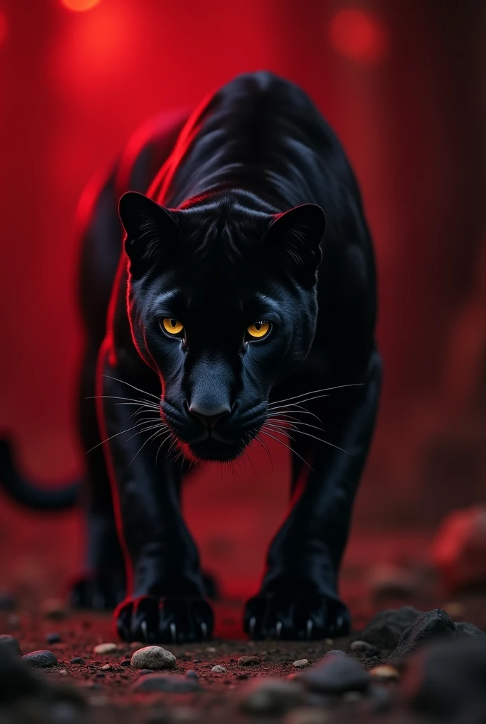 photo of a black panther on a dark red background. make it look dangerous like it's hunting. 