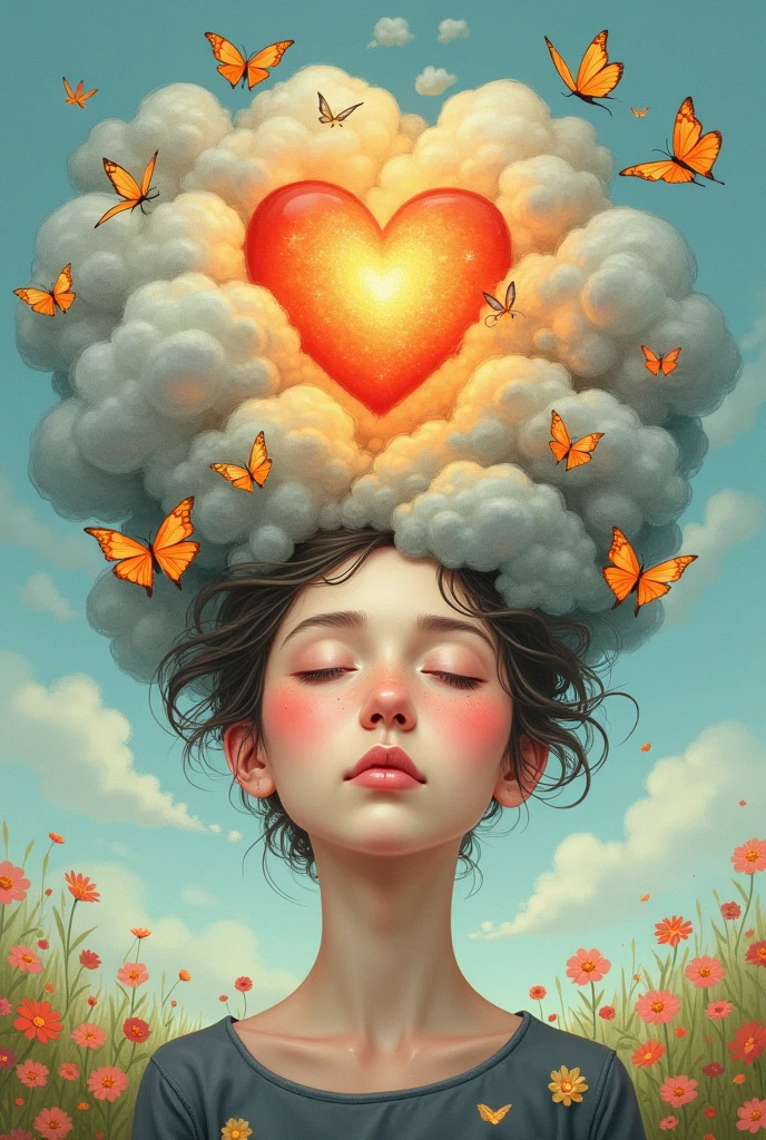 A drawing with a head, Thought clouds,butterflies and a bright heart