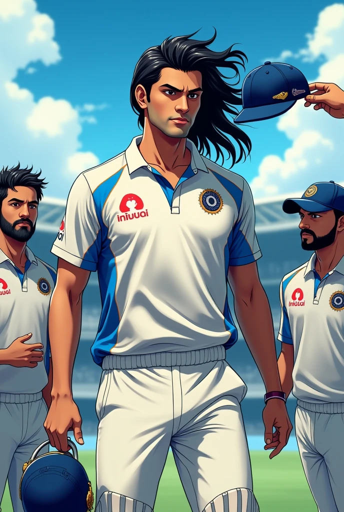 Ms dhoni anime with long hair got selected for Indian national team taking cap from senior