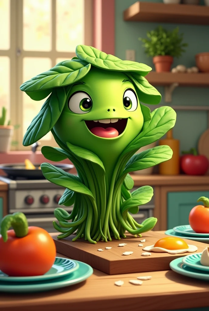 Generate an image of a very green spinach full of leaves happily talking to vegetables in the background of a kitchen with colorful plates, eggs and a frying pan