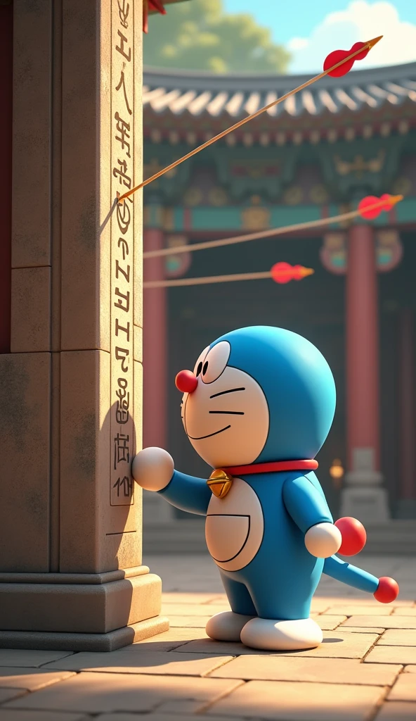 Doraemon stands in front of a wall in the temple., hand touching ancient symbols.
There are arrows flying out of 3d cartoon images of Doraemon without a tail
