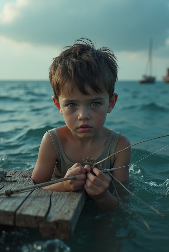 a boy drifting on a raft, (fishing,beautiful detailed eyes, beautiful detailed lips, extremely detailed face, longeyelashes, young boy floating on a wooden raft in the middle of the ocean, beautiful detailed waves, beautiful detailed sky, dramatic lighting, cinematic, moody atmosphere, realistic, photorealistic, photo-realistic, 8k, best quality, masterpiece
