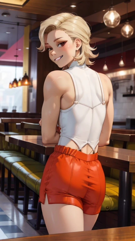 Young girl, blonde, femboy hooters outfit, muscular, Brown skin, tanned skin, abs, standing, femboy, flat chest,  arms behind back, his arms are not visible and are behind his back, dmug grin, lyney, solo, solo focus, restaurant setting 