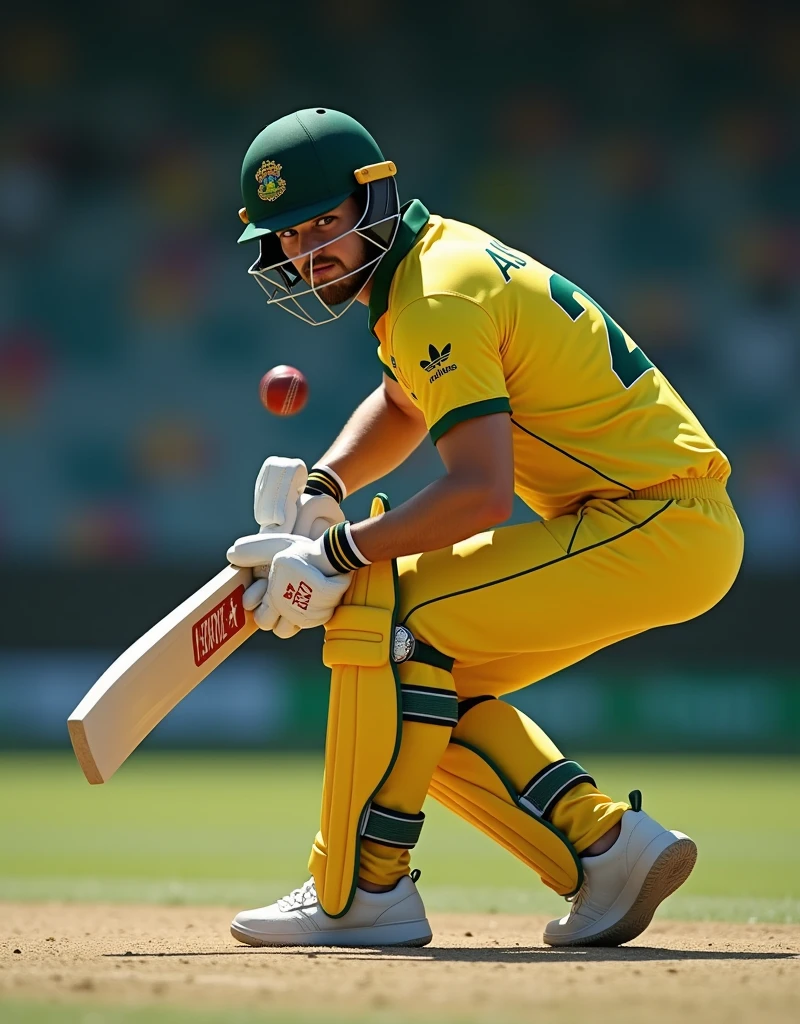 Give me a yellow jersey with AUS written on it. The cricket player is wearing white sneakers and a dark green helmet. He turns his head to look at the camera, bends down, kneels, holds the cricket ball with both hands, and swings the cricket ball.,Showing the side profile of a cricket player,顶光drop shadow, anaglyph, stereogram, tachi-e, ass pov, atmospheric perspective, 8k, super detail, best quality