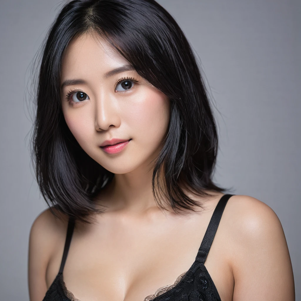 Yui, photo of age 25 year female, black shoulder length hair, big breasts; (rim lighting, studio lighting), (dslr, ultra quality, film grain, Fujifilm XT3, crystal clear, 8K UHD, highly detailed glossy eyes, high detailed skin, skin pores);