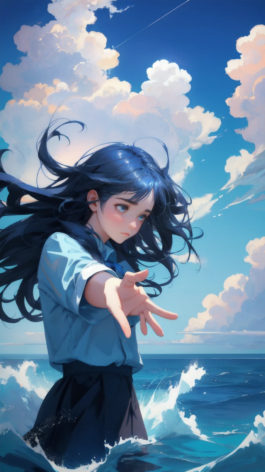 A beautiful, cute girl with an exaggerated frown, reaching out to grasp bitcoins slipping through her fingers, floating in a sea of blue. The background is a deep blue sky with stormy clouds, symbolizing financial turmoil. The phrase 'Weak Hands Shakeout' appears subtly in the clouds, capturing the girl's emotional struggle to keep her investments.