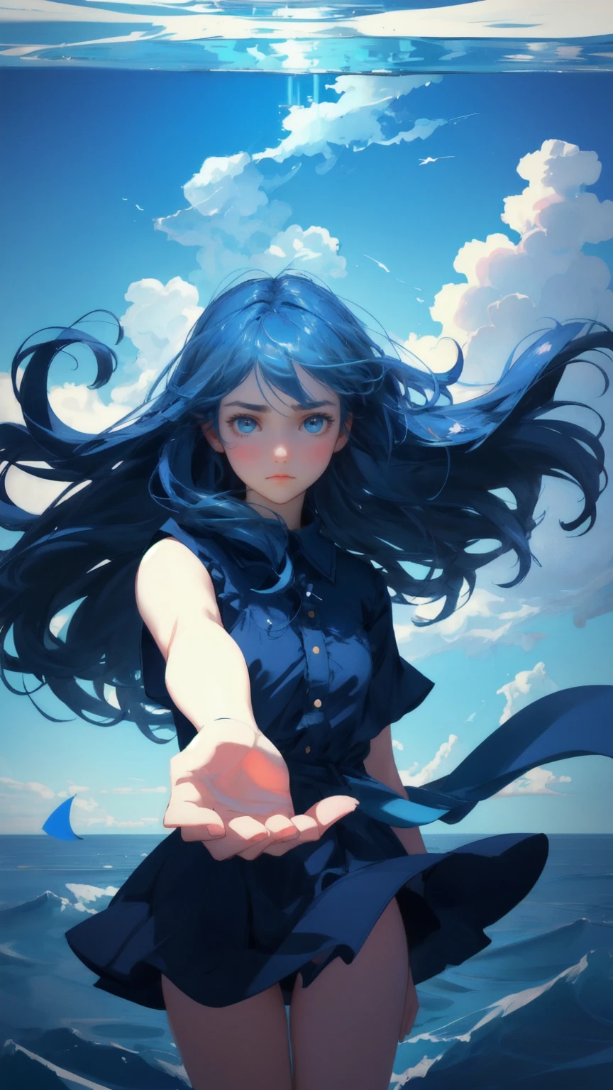 A beautiful, cute girl with an exaggerated frown, reaching out to grasp bitcoins slipping through her fingers, floating in a sea of blue. The background is a deep blue sky with stormy clouds, symbolizing financial turmoil. The phrase 'Weak Hands Shakeout' appears subtly in the clouds, capturing the girl's emotional struggle to keep her investments.