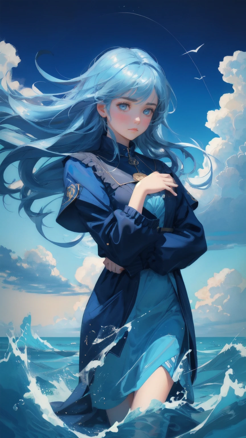A beautiful, cute girl with an exaggerated frown, reaching out to grasp bitcoins slipping through her fingers, floating in a sea of blue. The background is a deep blue sky with stormy clouds, symbolizing financial turmoil. The phrase 'Weak Hands Shakeout' appears subtly in the clouds, capturing the girl's emotional struggle to keep her investments.