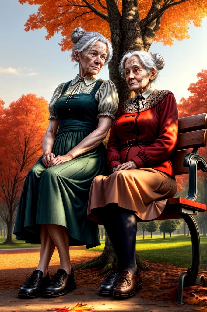 a picture of an old woman sitting on a bench in the park under the tree in a park at autumn, an old woman, looking distinguished, grey hair, in  bun, blue, eyes, eyes that had good life, historical life, wearing a green skirt, and white blouse, dynamic shoes, sitting on a bench, with her cane near by resting on the bench, under a maple tree at autumn, leaves in red, orange and brow, full spectrum, vibrant colors, sun setting down, evening time, urban park background, best quality, 16k, [ultra detailed], masterpiece, best quality, (ultra detailed), full body, ultra wide shot, photorealistic