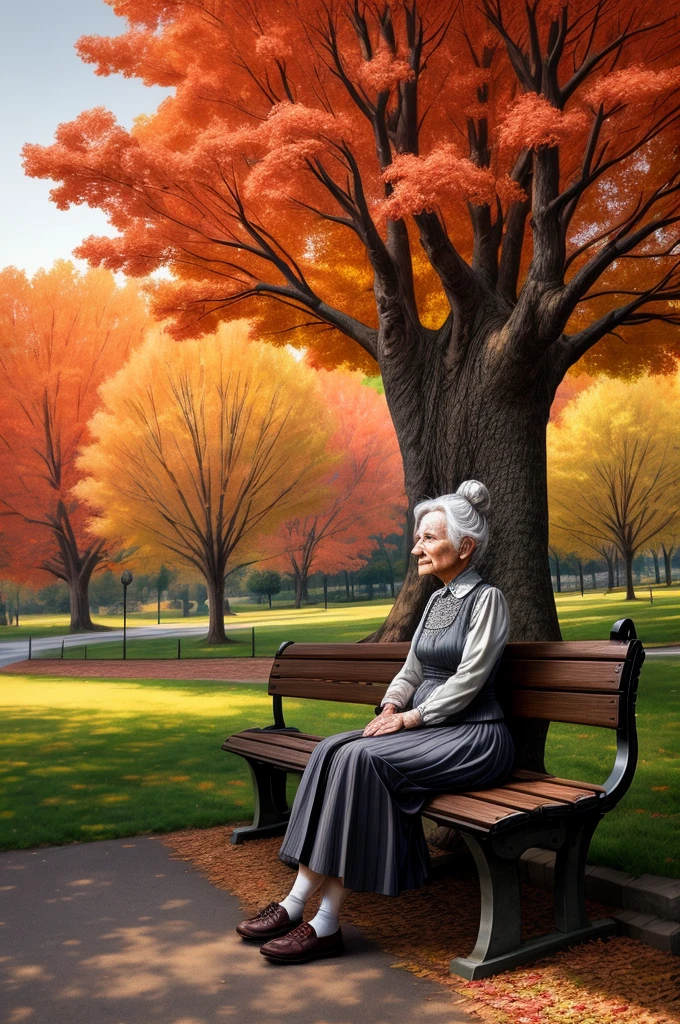 a picture of an old woman sitting on a bench in the park under the tree in a park at autumn, an old woman, looking distinguished, grey hair, in  bun, blue, eyes, eyes that had good life, historical life, wearing a green skirt, and white blouse, dynamic shoes, sitting on a bench, with her cane near by resting on the bench, under a maple tree at autumn, leaves in red, orange and brow, full spectrum, vibrant colors, sun setting down, evening time, urban park background, best quality, 16k, [ultra detailed], masterpiece, best quality, (ultra detailed), full body, ultra wide shot, photorealistic