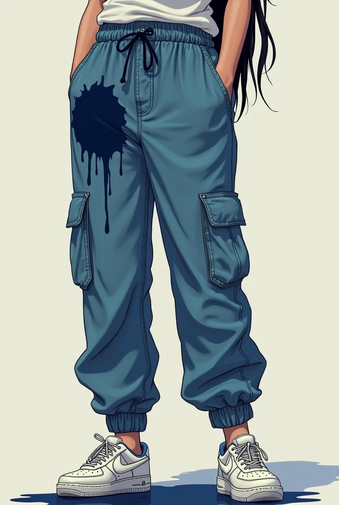 Jeune fille fait pipi dans son Pantalon tache de pipi bleu foncé sur son pantalon entre les jambes, pantalon mouillé dégoulinant du pipi. cheuveux noir long debout haut: Tee-shirt blanc, bas : cargo jean large couleur bleue, chaussures sneakers air force 1 blanche.
Désespéré fait pipi dans son pantalon grosse tache de pipi qui coule le long de son pantalon et coule dans ses chaussures
