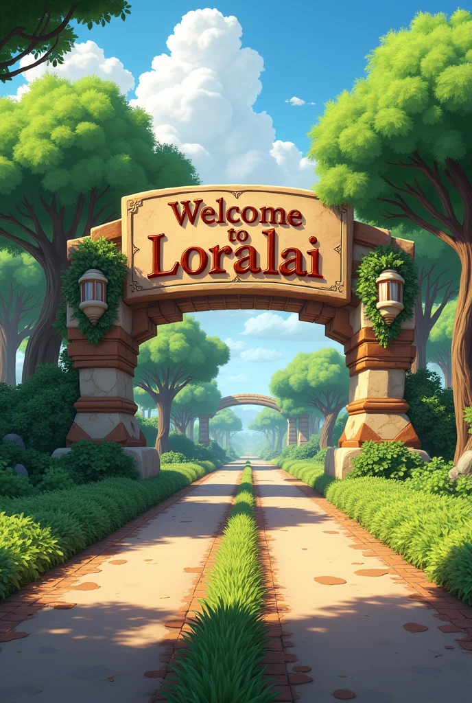 welcome to LORALAI written on top of entrance with double road and tree on sides dividers in roads with plants .organic structure should be in entrance realistic 