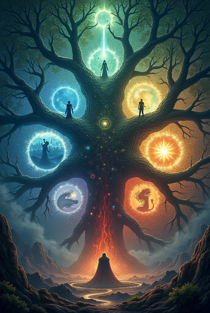 Poster of Midgard and the 5 realms with trees interconnected with each other the 5 realms
