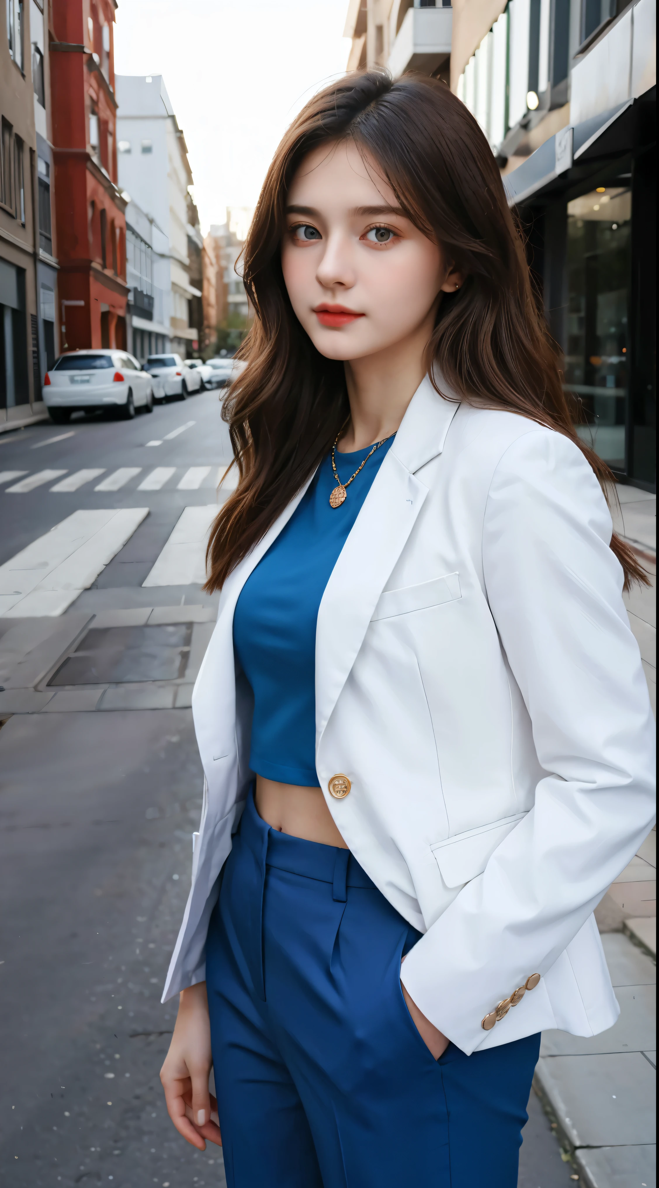 Gorgeus Girl, Beautiful, Baby Face, 20 Years Old, White Skin, wearing red blazer, Blue Eye, street Background, Masterpiece, full body Shot, facing forward, woman trousers, business suit
