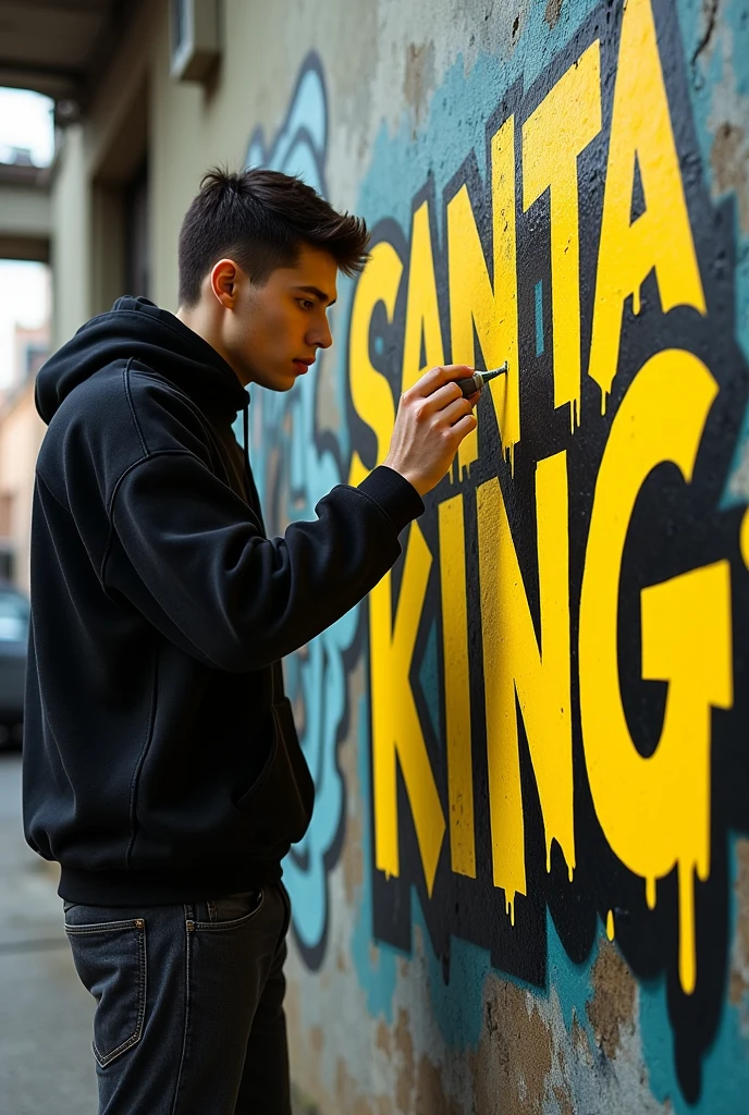 A young man in a black cholo sweater graffitiing the words SANTA KING in yellow on a wall