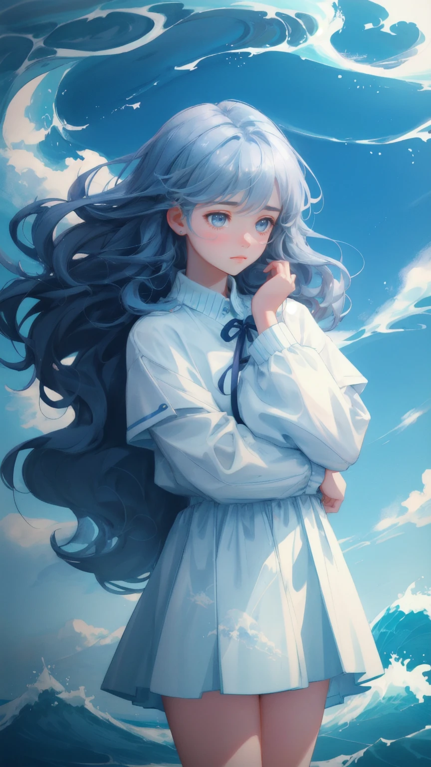 A beautiful, cute girl with a worried expression, trying to hold onto a handful of bitcoins as they cascade down from a stormy blue sky. The background is filled with swirling blue clouds and choppy waves, symbolizing financial instability. The words 'Weak Hands Shakeout' are subtly integrated into the waves, reflecting the emotional tension of the scene