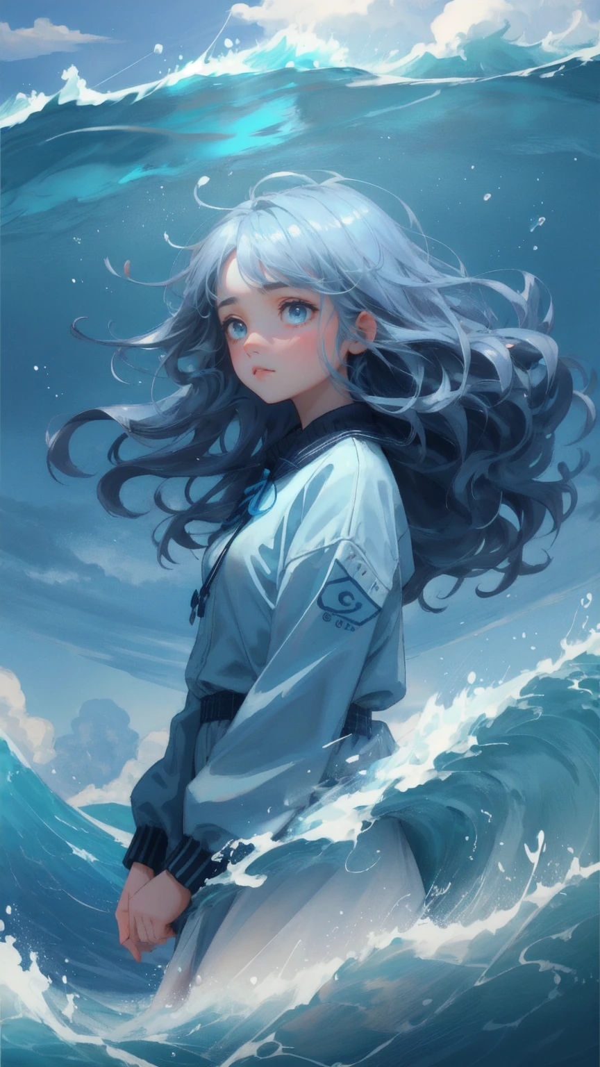 A beautiful, cute girl with a worried expression, trying to hold onto a handful of bitcoins as they cascade down from a stormy blue sky. The background is filled with swirling blue clouds and choppy waves, symbolizing financial instability. The words 'Weak Hands Shakeout' are subtly integrated into the waves, reflecting the emotional tension of the scene