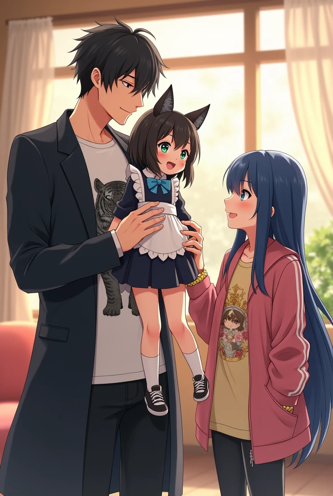 A 2 anime fantasy handsome tall strong guy with bright green eyes , a black fit coat with and a white t-shirt with a picture of black tiger in the middle of that . black neat hair and a soft kindly smile on his face , a strong body as a sign of exerciser being , lifted up and spine around an innocent 4-year-old fantasy anime girl with big and blue eyes that twinkle in the room light, playfully and softly chuckles with blushed cheeks, while she is suspended in his arms , Her arms are slightly opened as a sign of joy , her white and black and blue baby maid outfit with unreal cat ears and two blue bow ties on her head, fairly long straight black hair, in the middle of the living room , and in a moment , An 25-year-old fantasy anime gangster strong girl with shiny blue eyes, an enjoyable look and a soft smile on her face while chuckle , a kind and affectional look, blushed cheeks, a light yellow t-shirt with a fantasy princess in flower view in the middle, and a pink jacket with white lines on it. White and black sports shoes and golden bracelet with golden flower design, a sky blue jean , long straight blue hair , in the middle of the living room , stands near and looking to that guy and girl . enjoying moment as a family